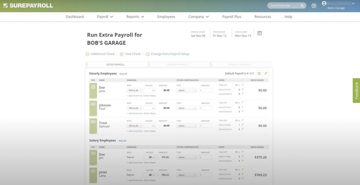 Liste des employés et de leurs salaires dans SurePayroll