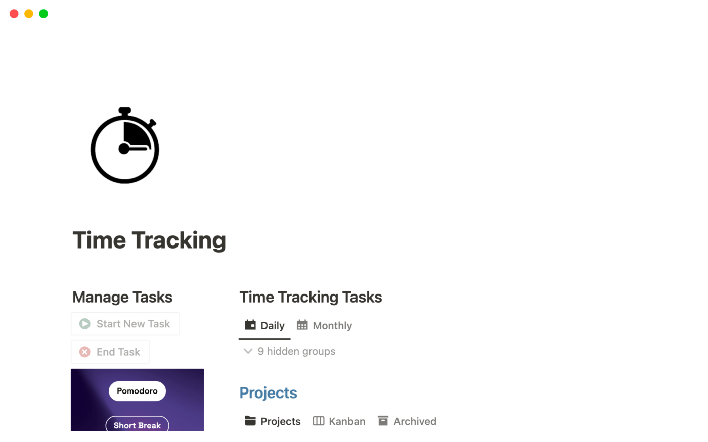 Time tracking page in Notion