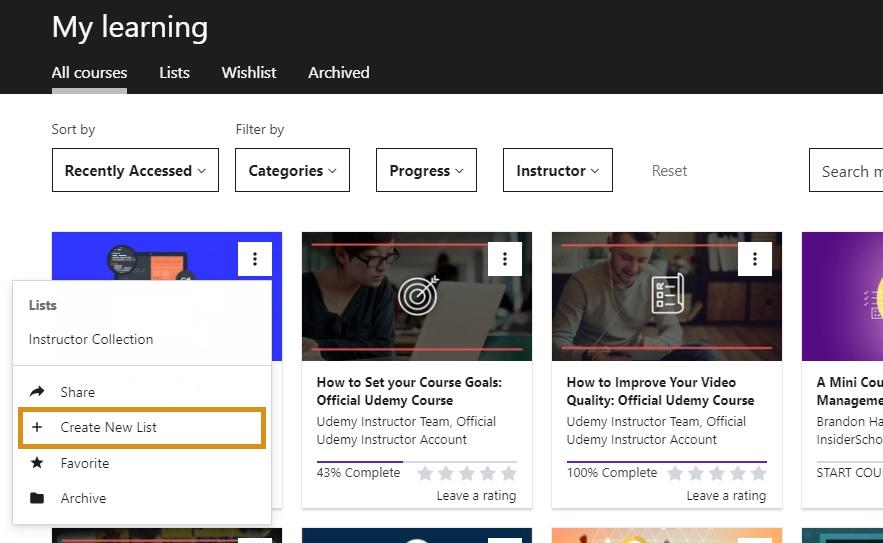 Hovering over the Create New List option in Udemy