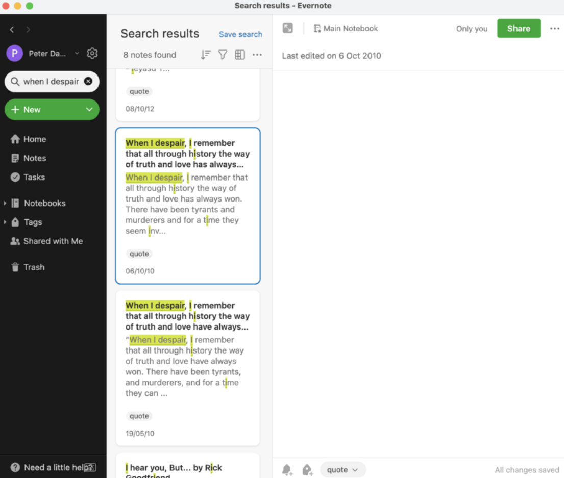 User searching for specific notes in Evernote