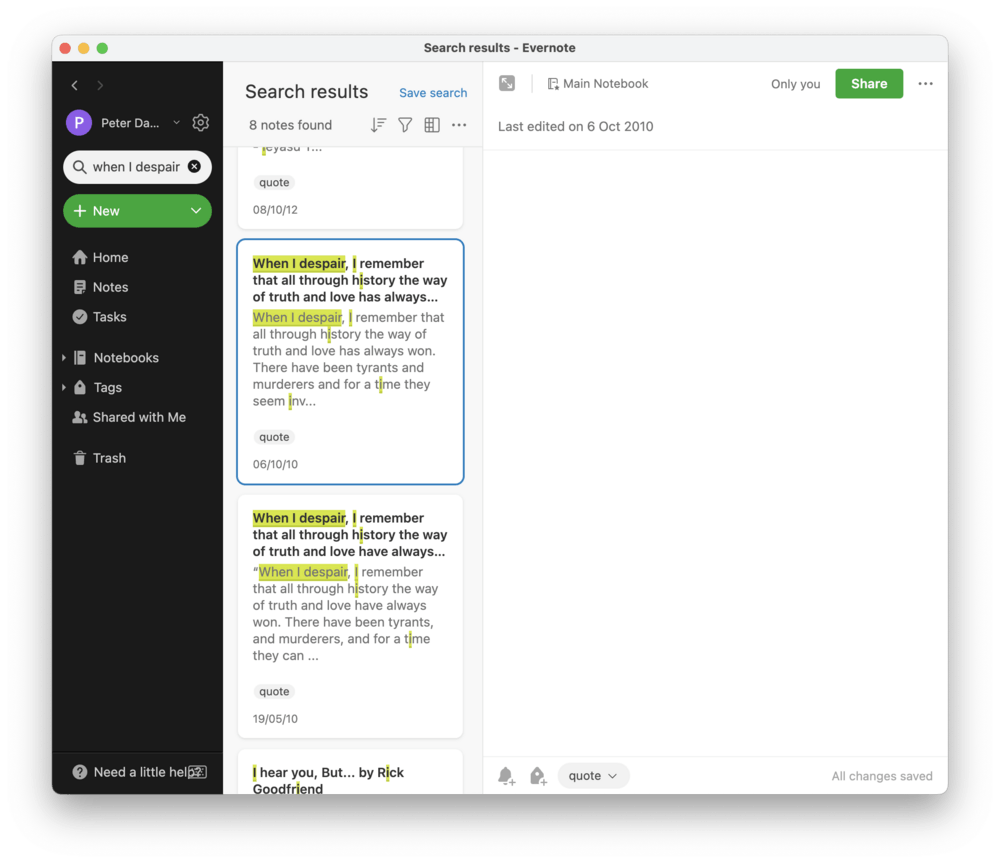 Evernote에서 특정 노트를 검색하는 사용자