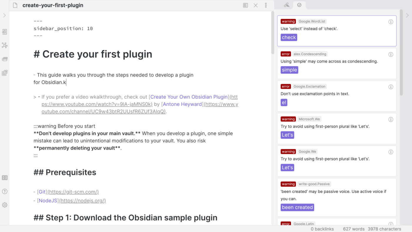 Usando o Obsidian para fazer anotações sobre como criar plug-ins