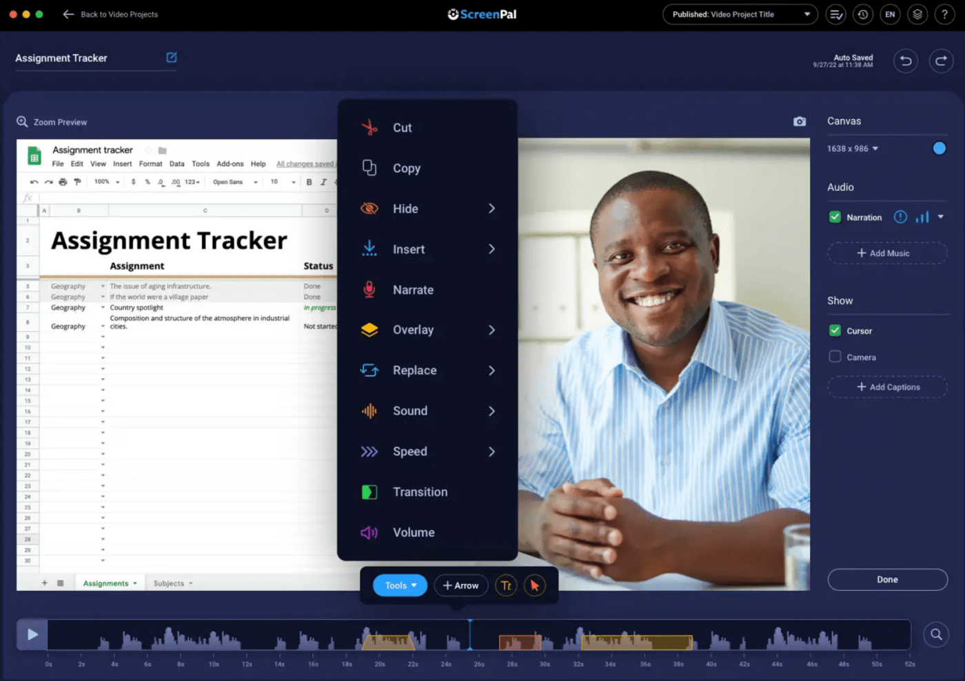 Utilisation du menu d'outils de modification en cours de vidéo dans ScreenPal