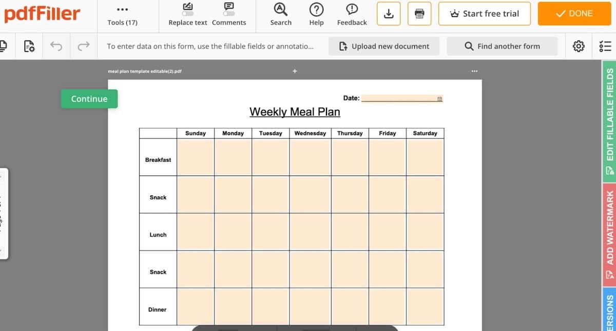 Weekly Meal plan Template by PDFFiller