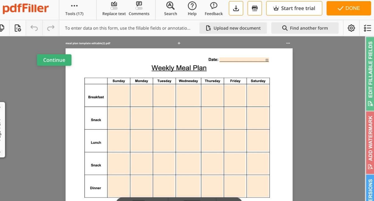 PDFFiller의 주간 식사 계획 템플릿