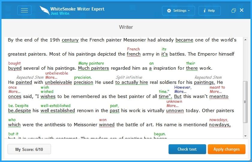 Alternativas de Grammarly: ejemplo de un documento con errores resaltados en WhiteSmoke