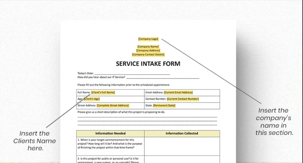 Word Service Intake Form Template by Template.net