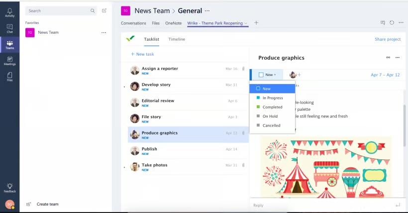 Creazione di una nuova attività in Wrike mentre si è nell'app Microsoft Teams