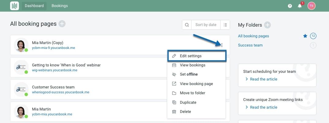 Editing the settings of a booking page in YouCanBookMe  