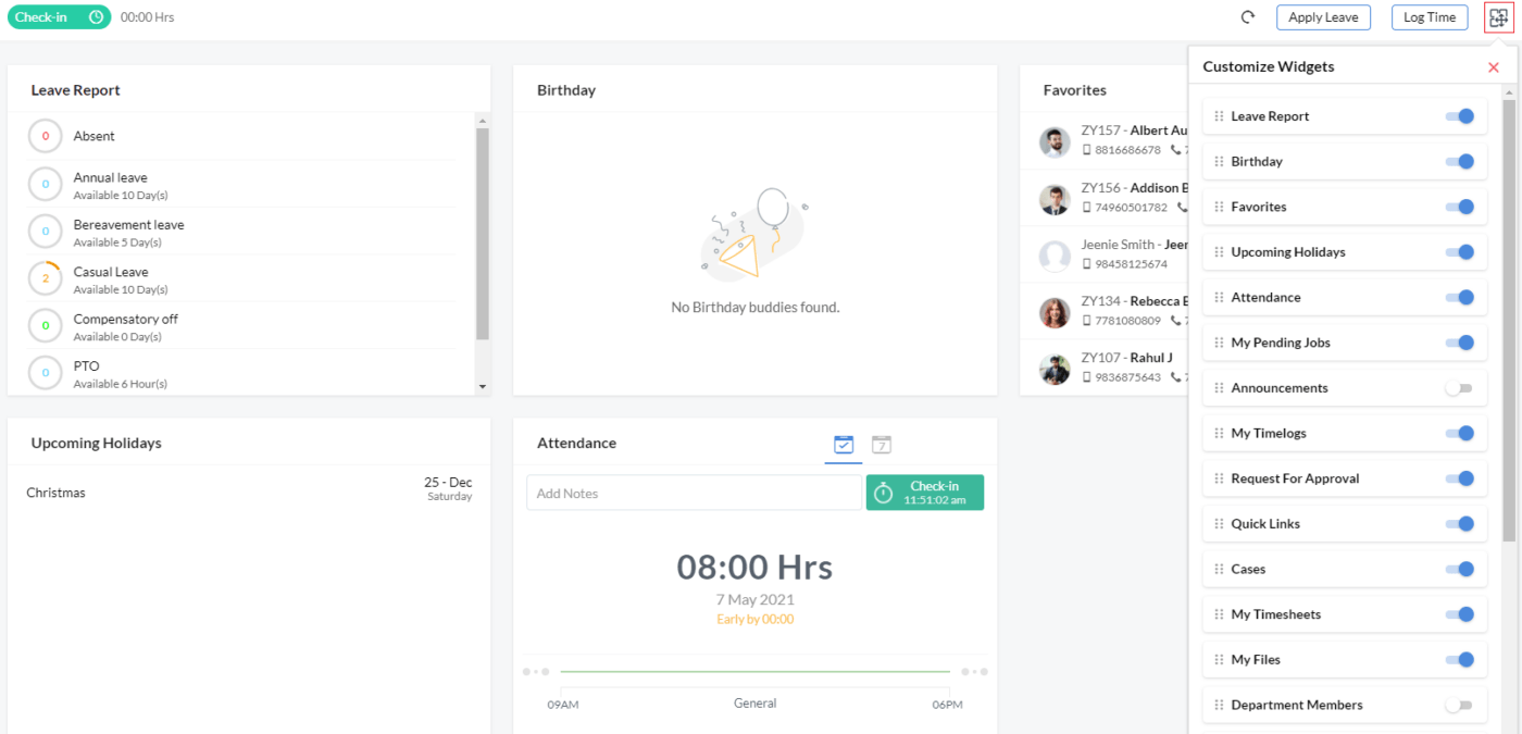 Personnaliser les widgets dans Zoho People