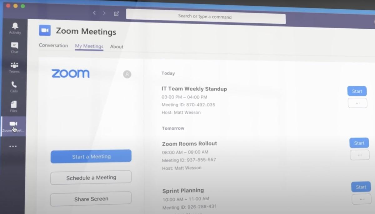 Microsoft Teams integrations: list of Zoom meetings inside Microsoft Teams