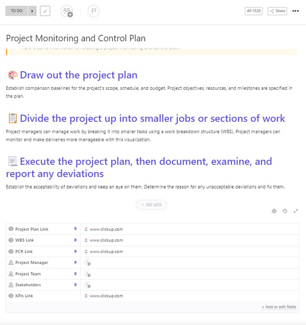 clickup project monitoring and control template