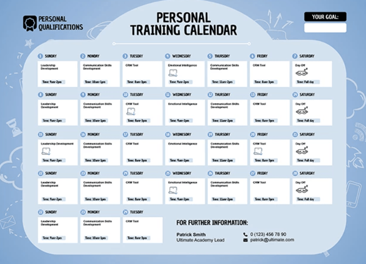 personal training calendar template by the Goodocs