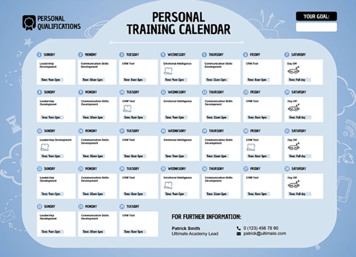 sjabloon voor persoonlijke trainingskalender door de Goodocs