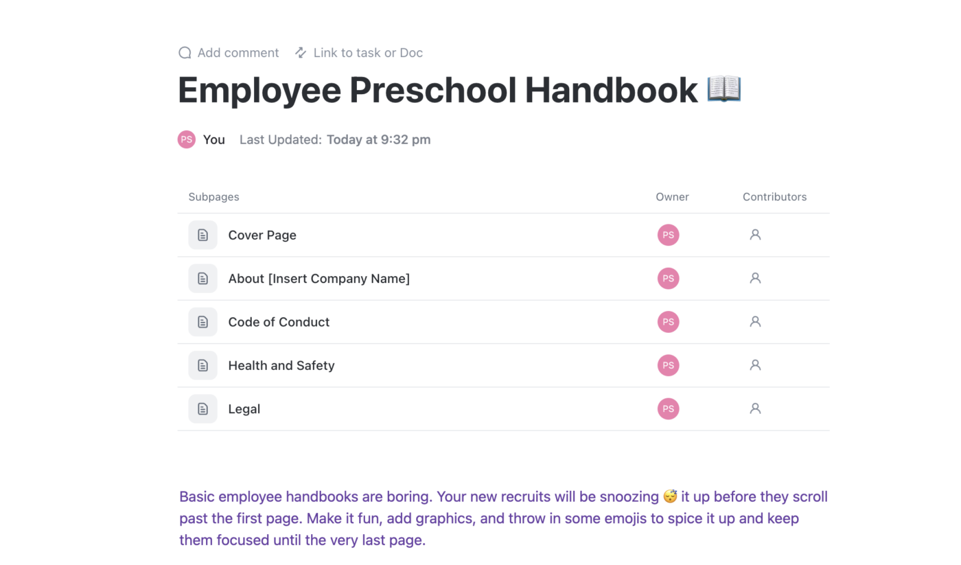 employee preschool handbook