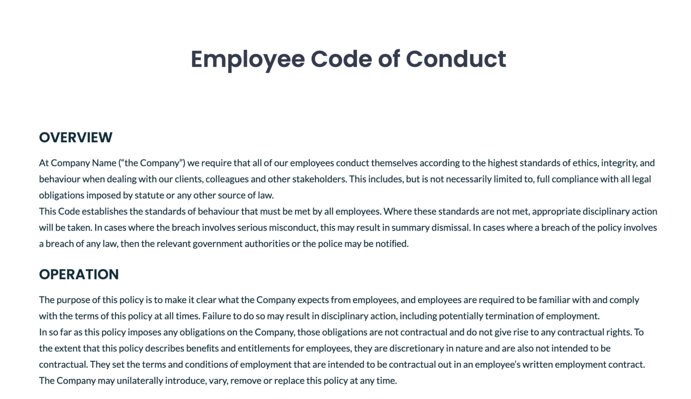 Microsoft Word Employee Code of Conduct Template by Simul