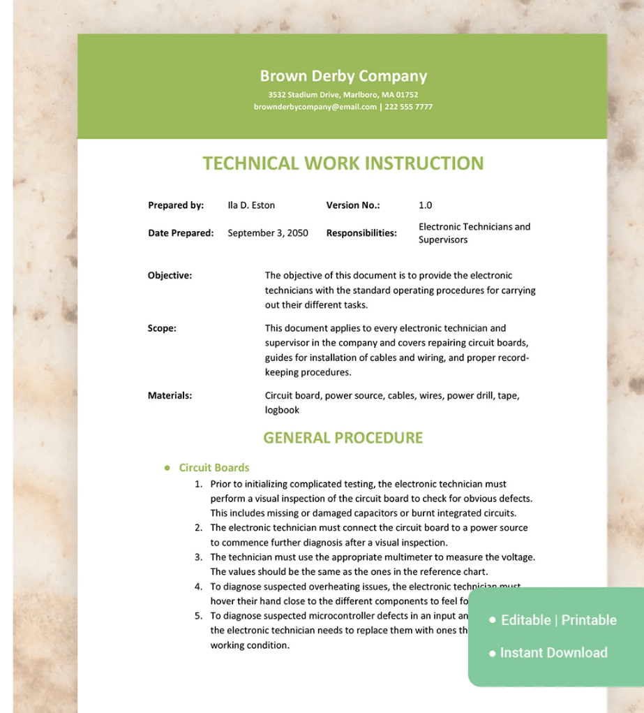 Modelo de instrução de trabalho técnico do Microsoft Word