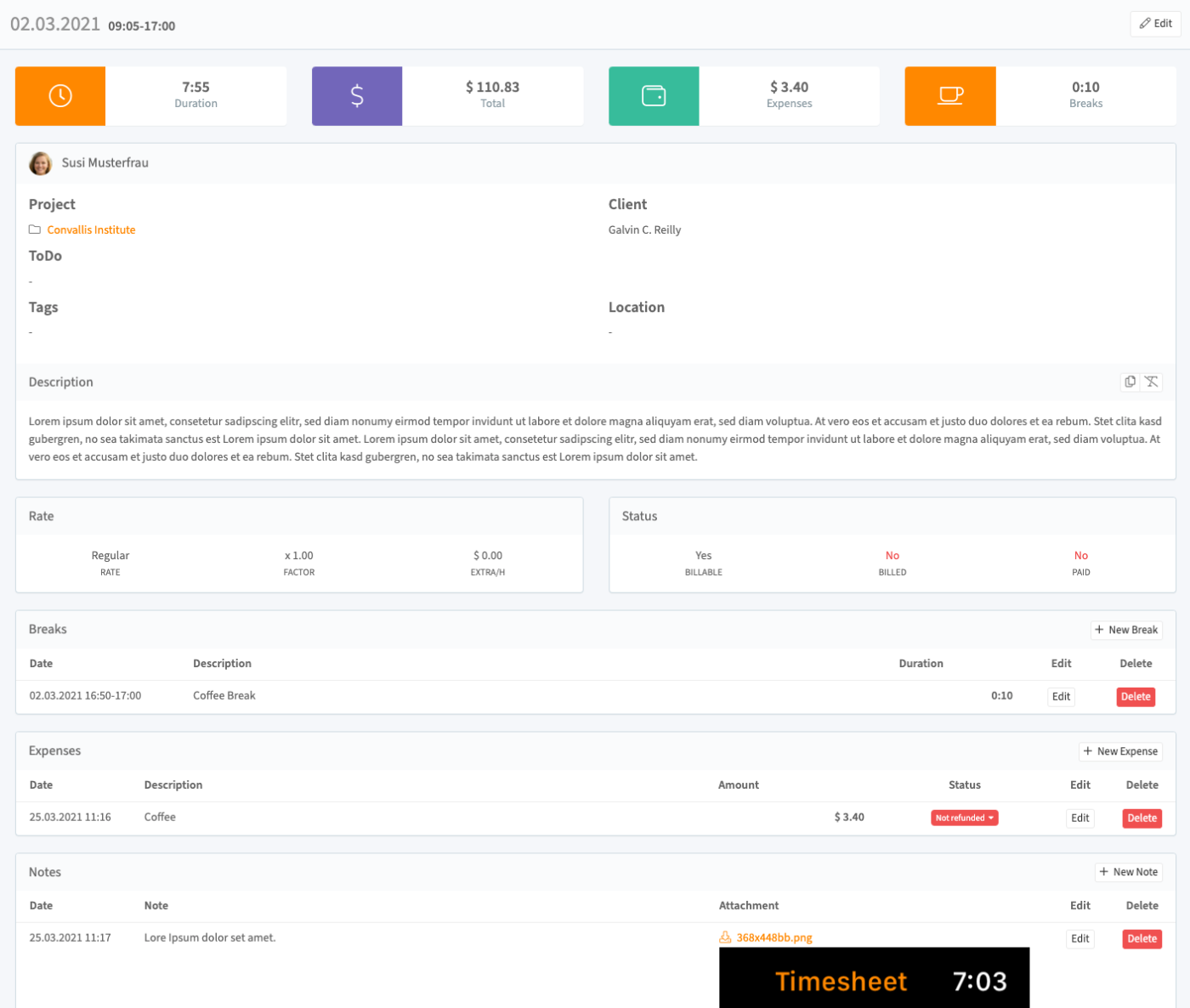 painel de controle do aplicativo timesheet.io