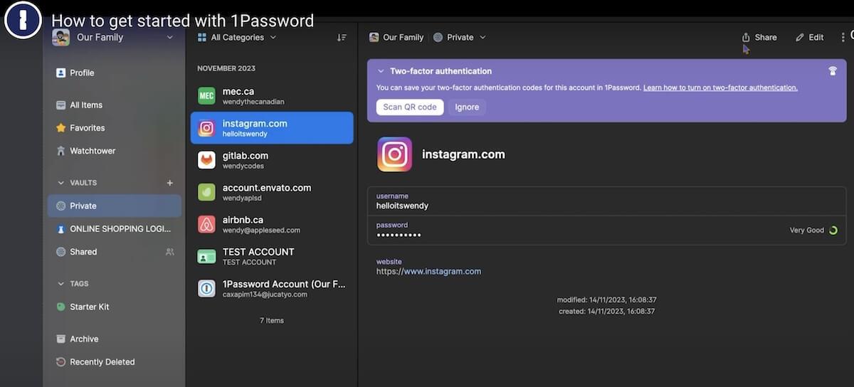 View of how to share Instagram's security link using 1password