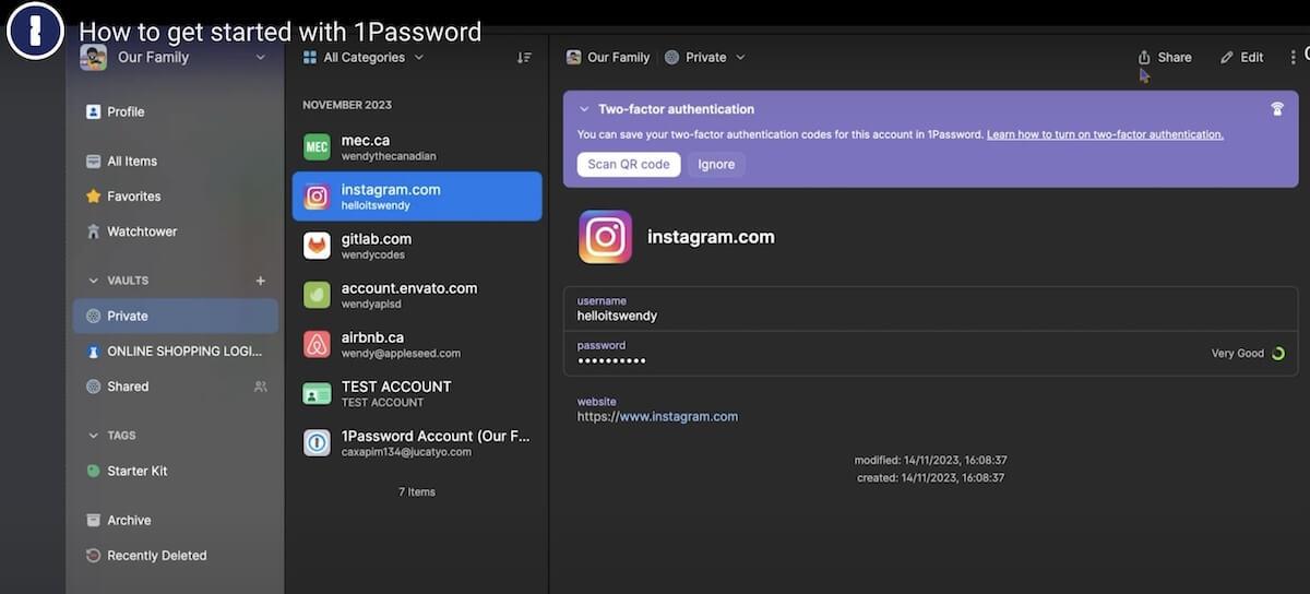 Gerenciadores de senhas: detalhes de login de uma conta do Instagram no 1Password