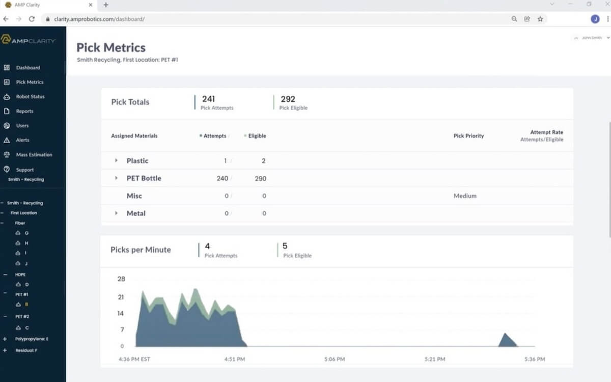 AMP Robotics' dashboard