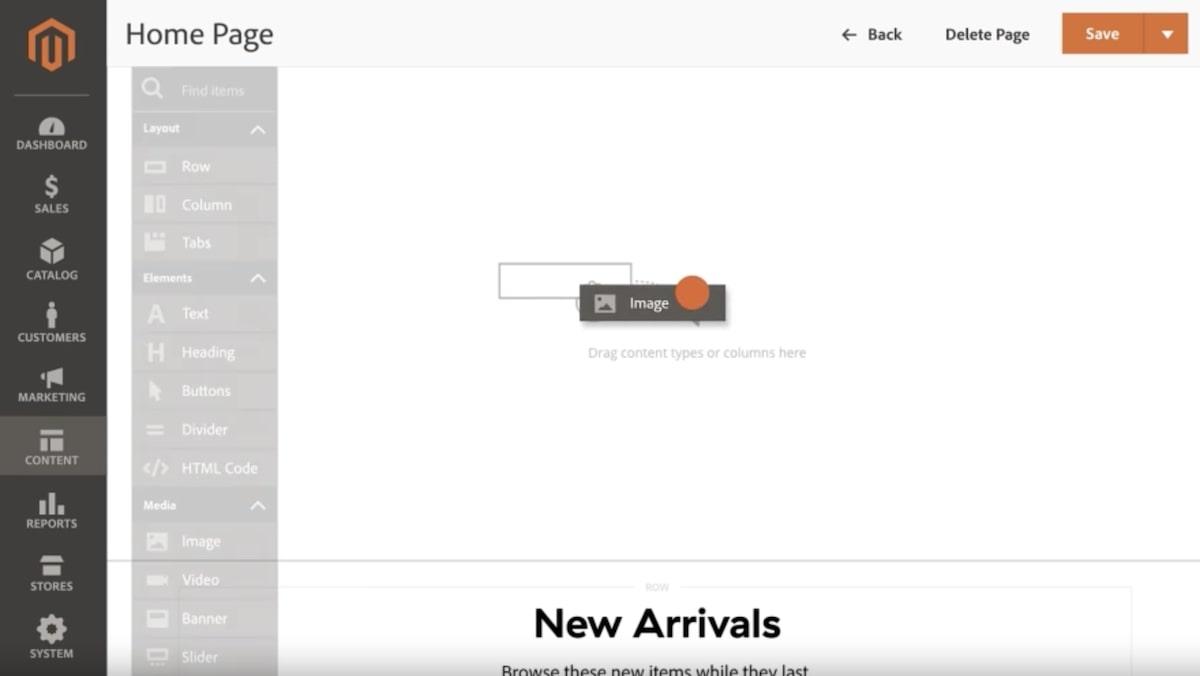 Adobe Commerce webpage drag and drop editor
