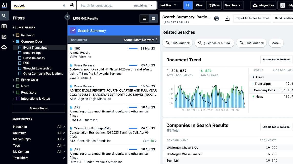 Filtering search results feature in AlphaSense