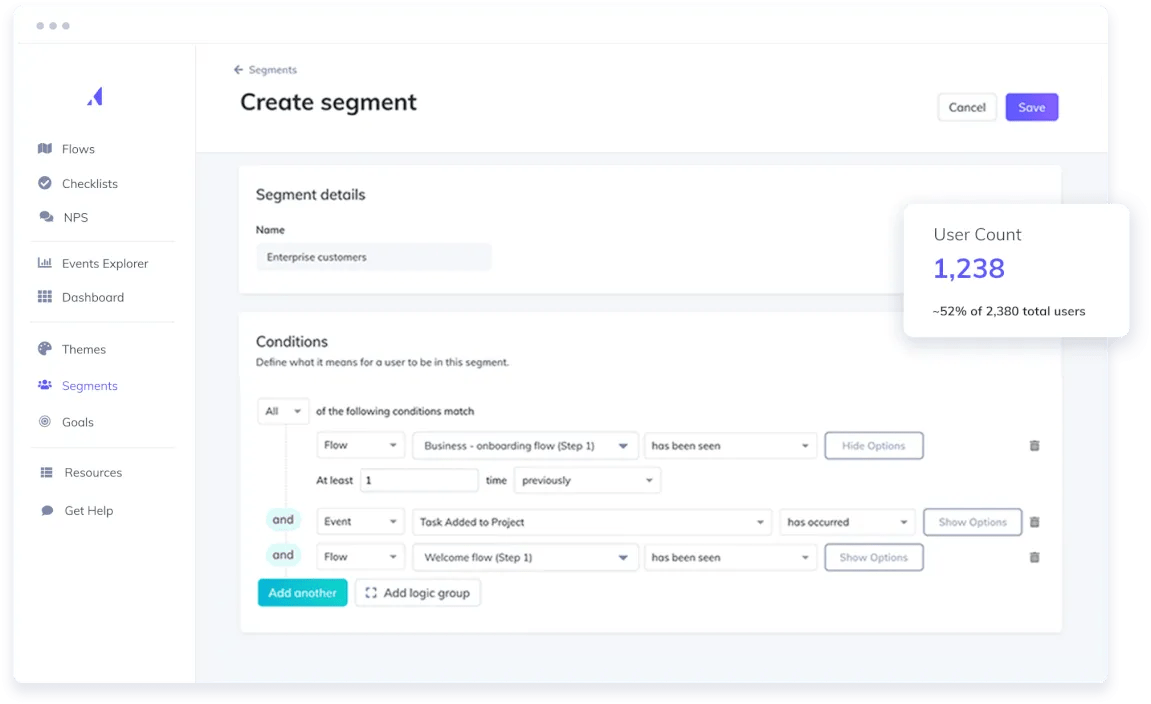 Appcues is one of the cloud-based Whatfix alternatives used to deliver personalized, on-brand onboarding experiences that drive engaged users