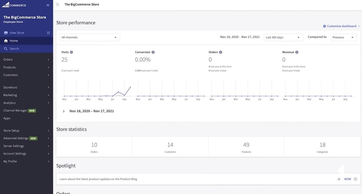 Ecommerce software: BigCommerce's website dashboard