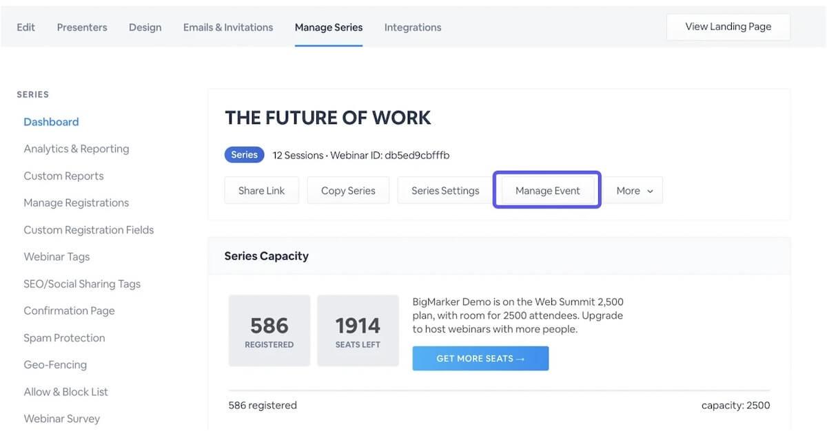 Software de evento virtual: passando o mouse sobre a opção Manage Event (Gerenciar evento) no BigMarker