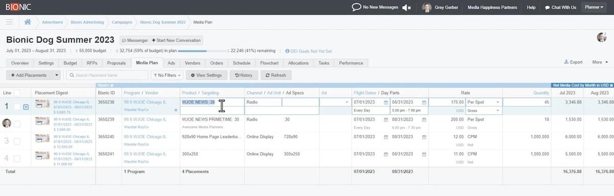 Media planning tools: Bionic's campaign list pages