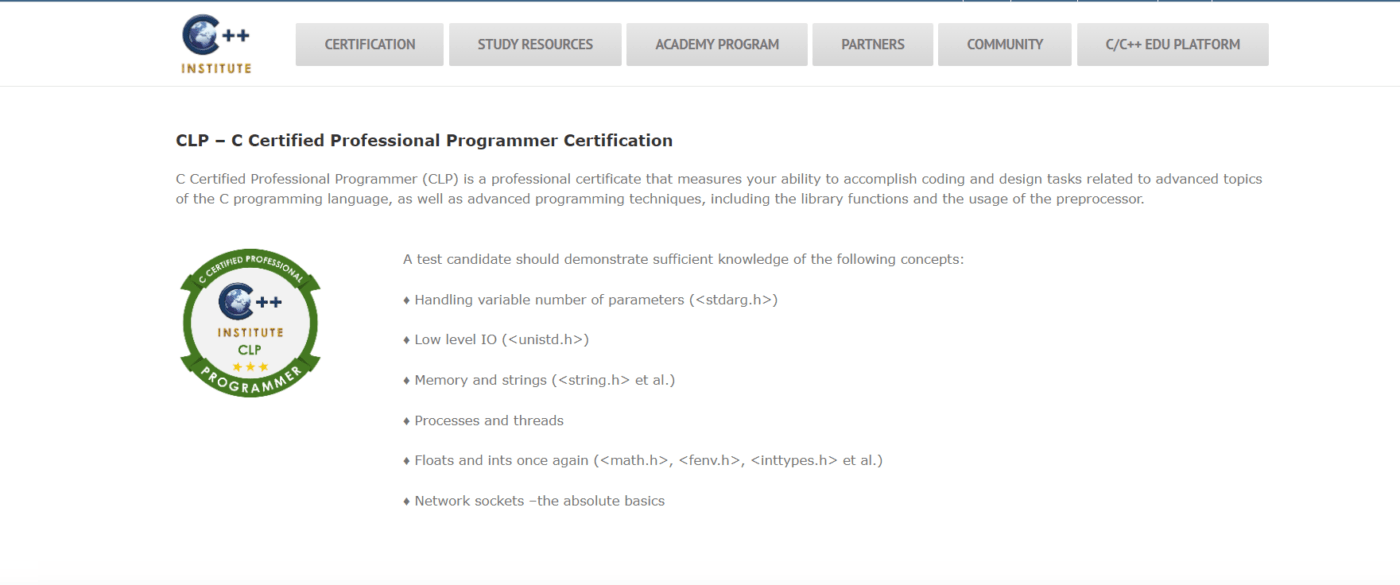 CLP - C Certified Professional Programmer Certification
