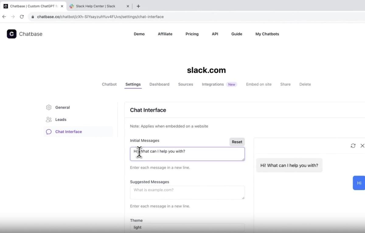 Setting up Slack's interactive chatbot using Chatbase