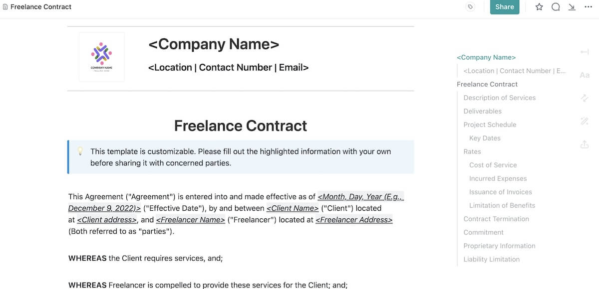 Retainer agreement templates: ClickUp's Freelance Contract Template