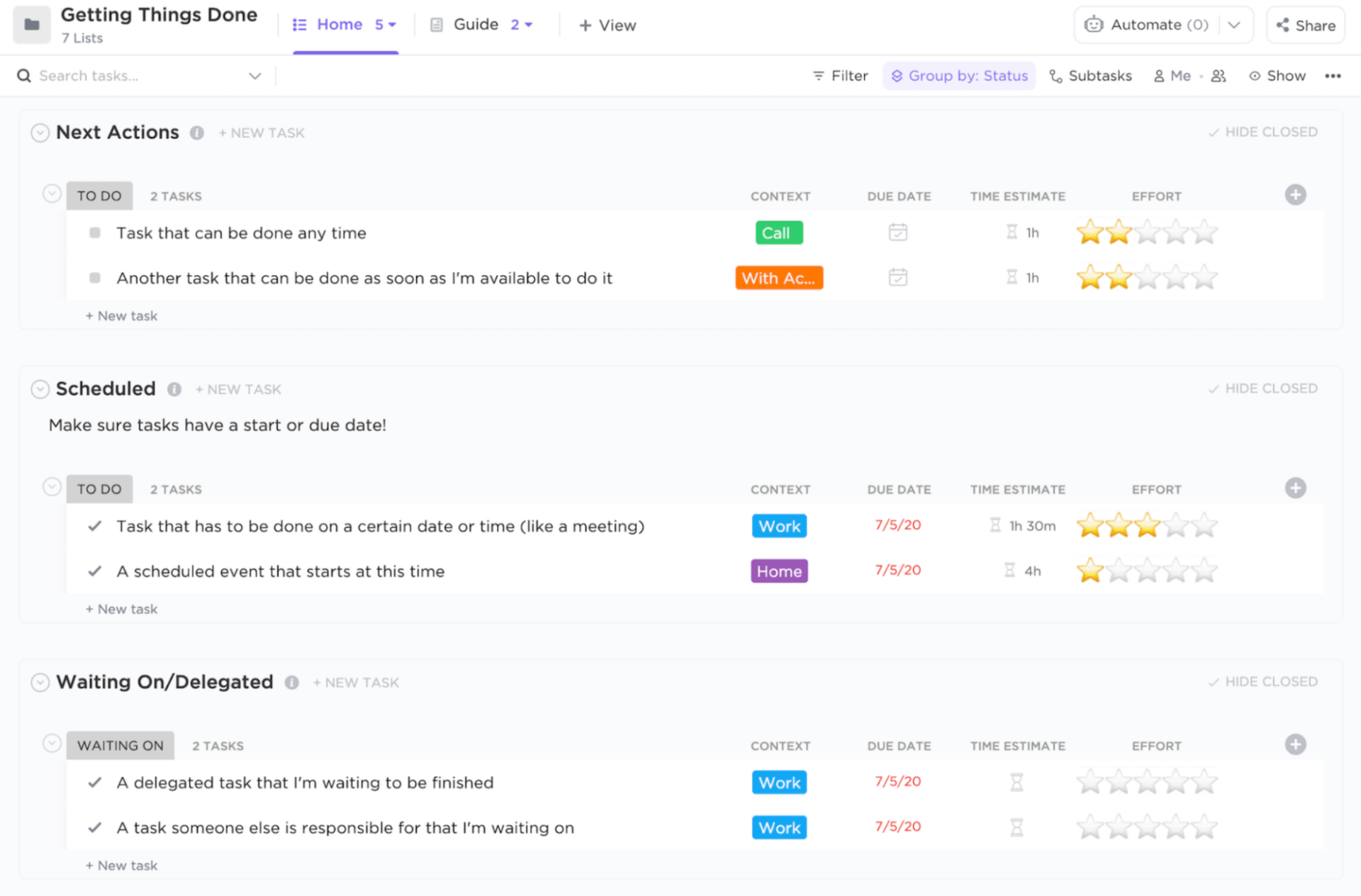 Utrzymuj zespół w ciągłym ruchu, korzystając z zaufanej metody GTD z szablonem Getting Things Done firmy ClickUp