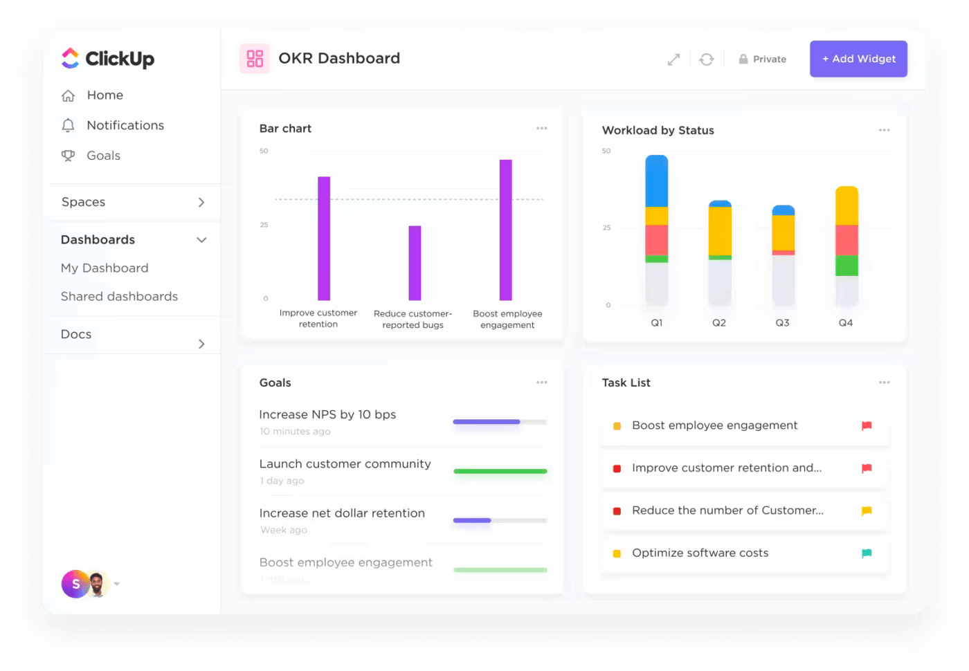 ClickUp's OKR Dashboard - part of our all-in-one project management software - tailors views for cross-functional projects, boosts efficiency through automation, and standardizes best practices for scalable success.