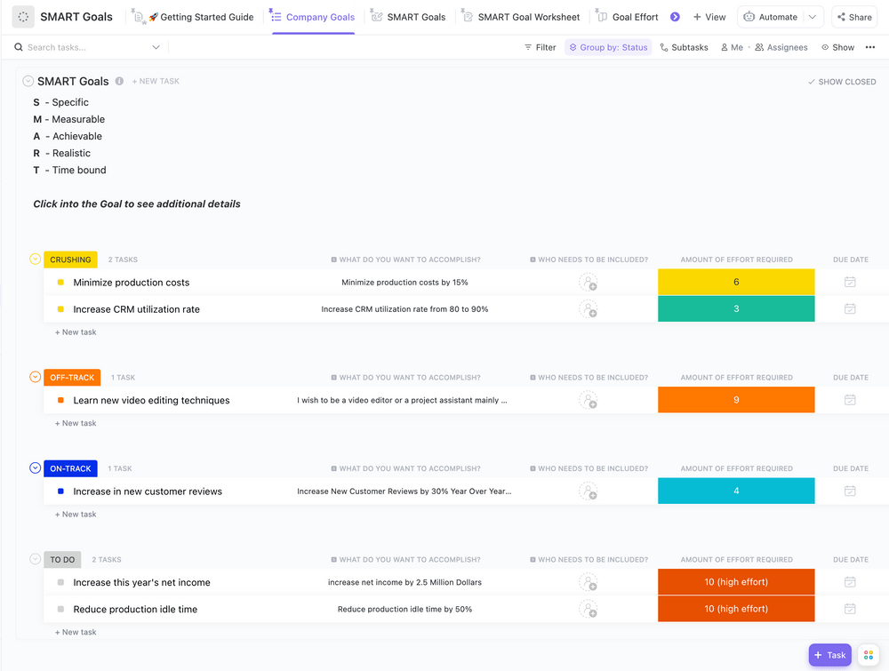 Manfaatkan Templat SMART Goals dari ClickUp untuk menyusun dan merampingkan strategi penetapan tujuan Anda ke dalam sistem yang mudah dikelola.  