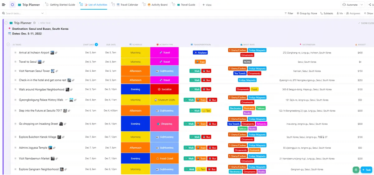 Capture all the crucial details of your conference trip with ClickUp’s Trip Planner Template