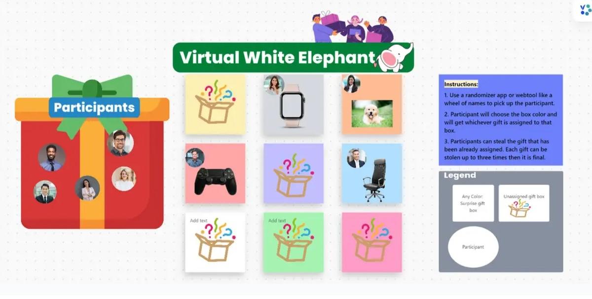 Utilice la Plantilla Virtual de Elefante Blanco de ClickUp para animar a los miembros de su equipo a intercambiar regalos durante las fiestas navideñas