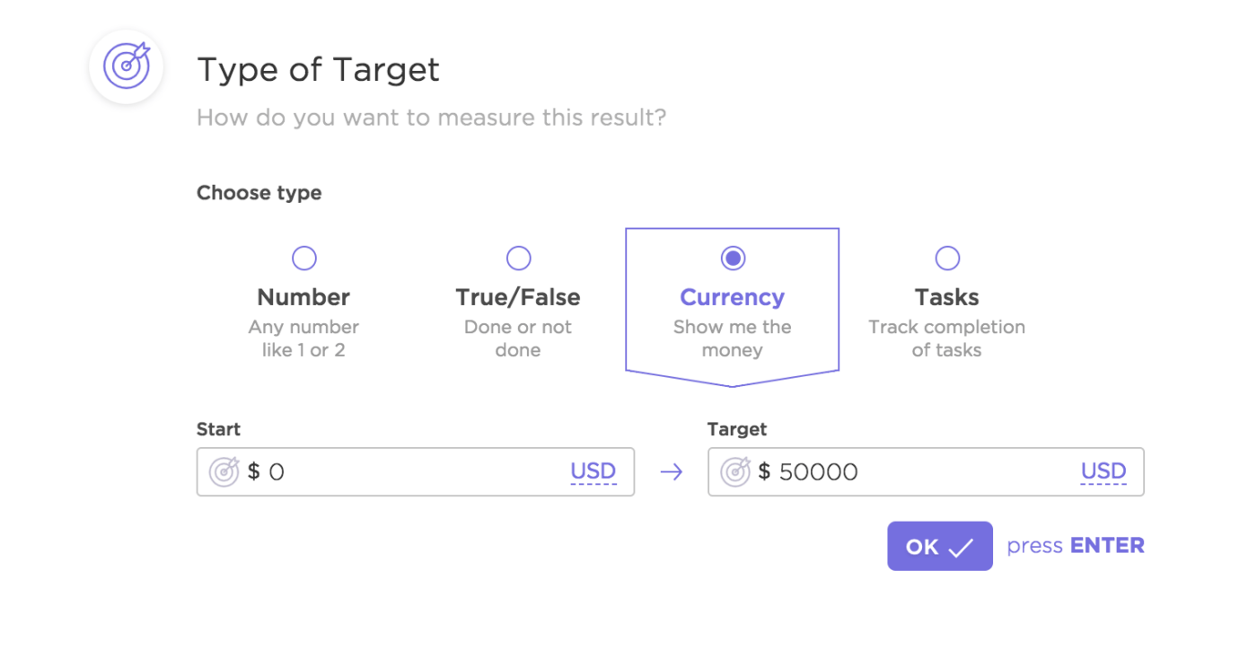 Setting target types in ClickUp’s Goals feature