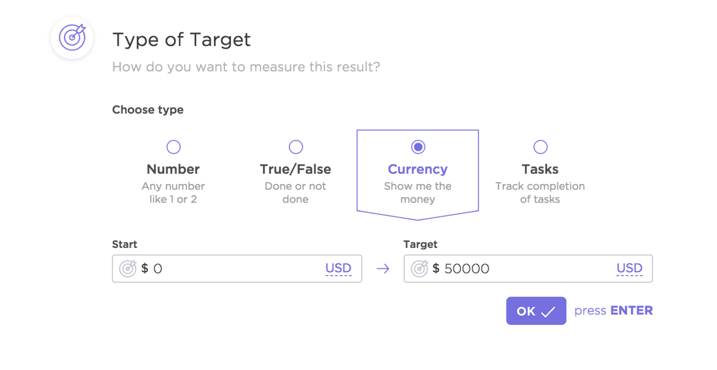 Definição de tipos de metas no recurso Goals (Metas) do ClickUp