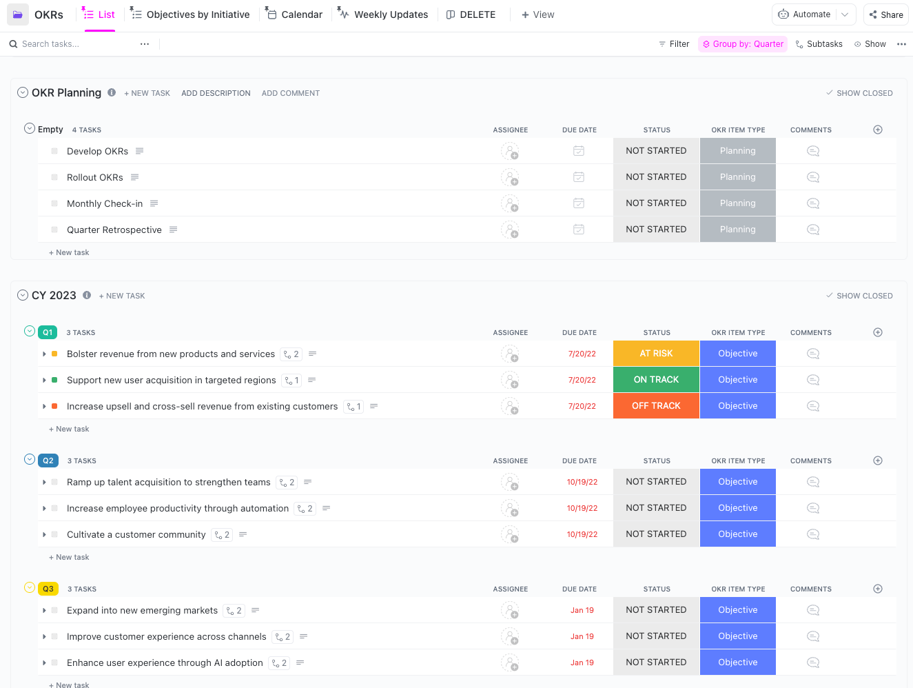 ClickUp's OKR sjabloon maakt het mogelijk om doelstellingen en belangrijke resultaten nauwkeurig bij te houden en op elkaar af te stemmen, wat het stellen van georganiseerde doelen en meetbare vooruitgang vergemakkelijkt