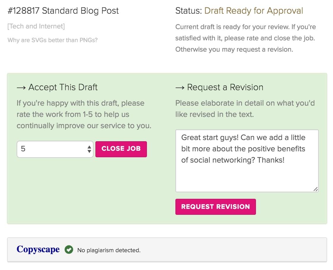Content writing services: rating and commenting on a drafted blog post in ContentWriters