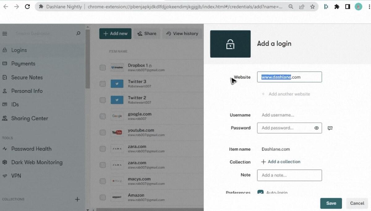 Gestori di password: aggiungere un nuovo login in Dashlane