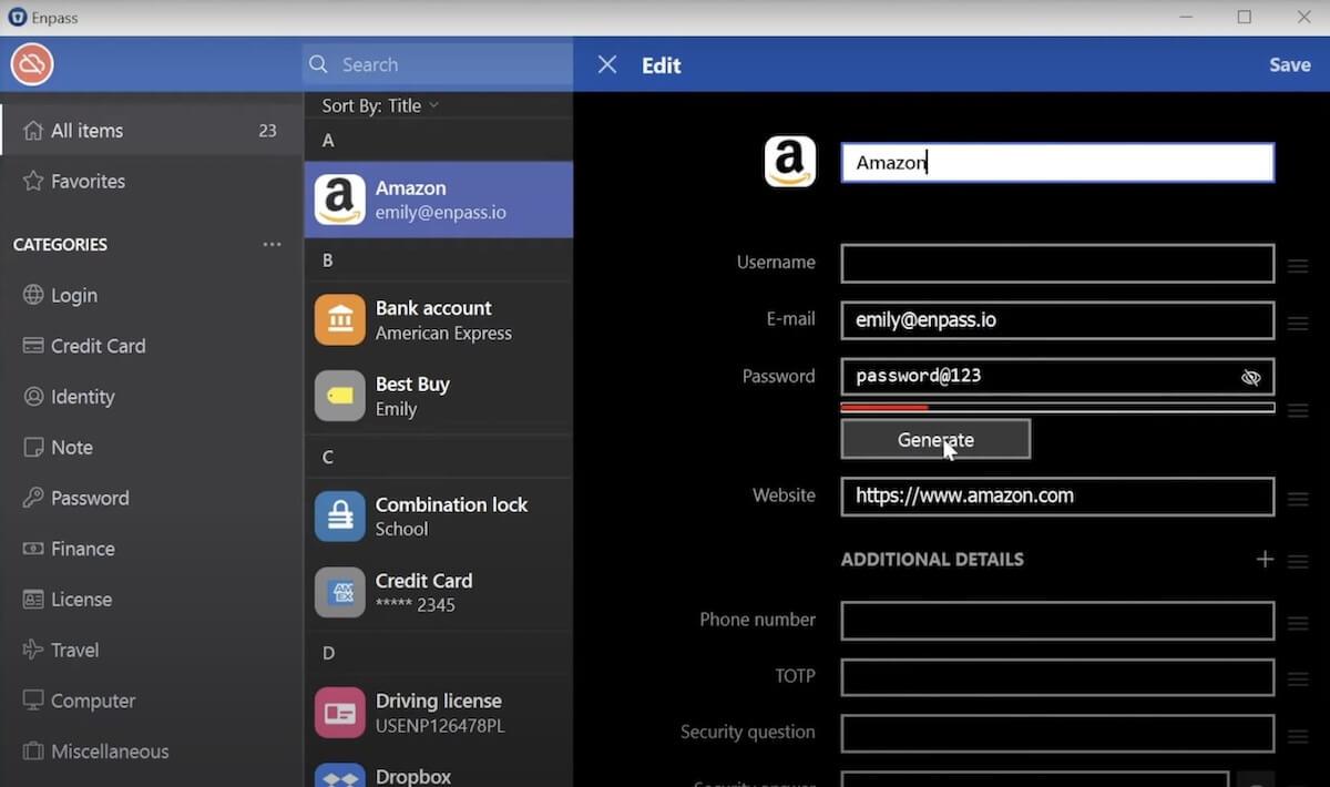 Generating a new password for Amazon in Enpass