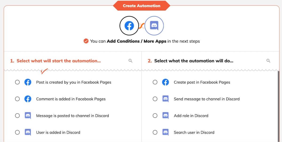 Creating an automation between Facebook and Discord via Integrately