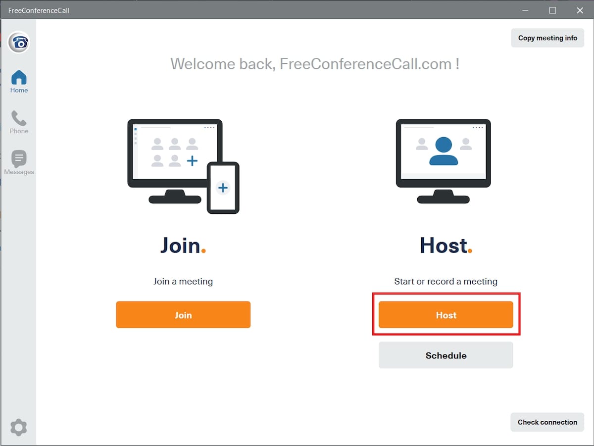 Conference calling software: FreeConferenceCall's Host or Join choices