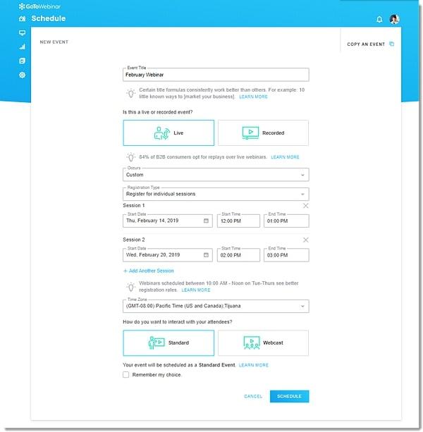 Planen eines neuen Ereignisses in GoTo Webinar