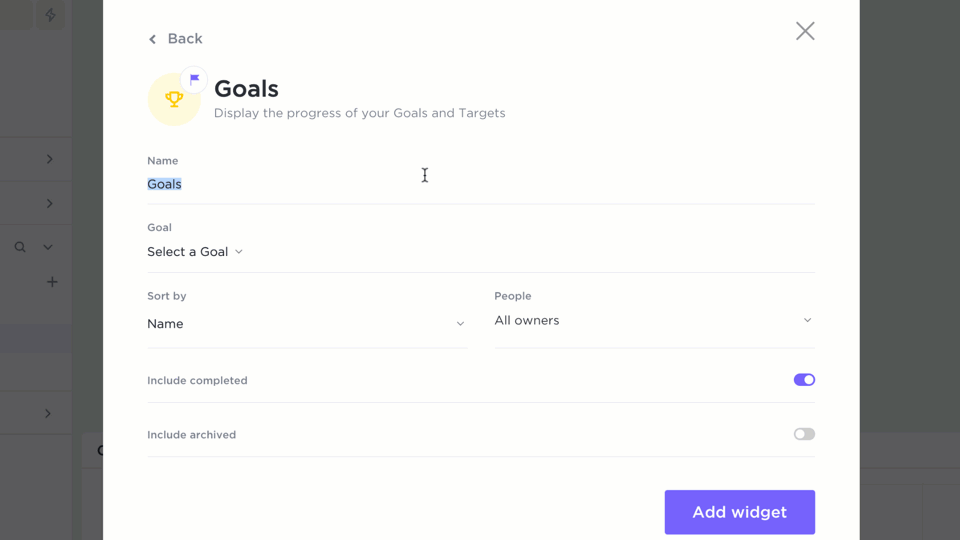 Adding a widget in ClickUp Goals
