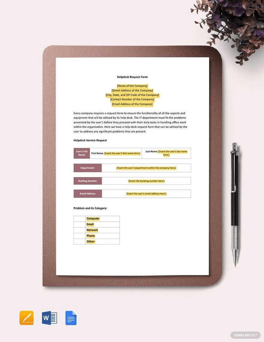 Helpdesk request form template template.net